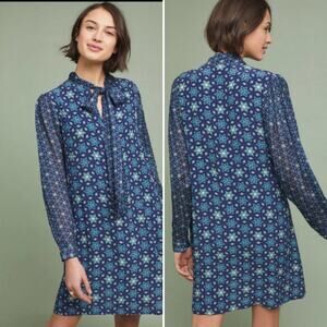 Anthropologie Blank London Marion Tunic Dress Geometric Blue Tie Neck Sz Small
